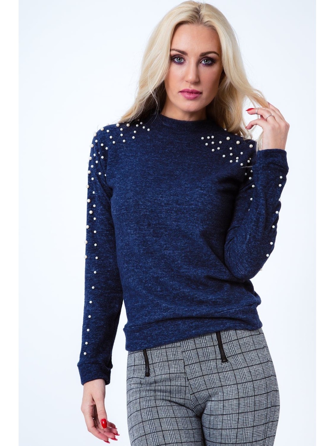 Rollkragenpullover mit Perlen, Marineblau 1577 – Online-Shop – Boutique